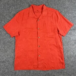 Tommy Bahama Shirt Mens Large Red Silk Palm Trees Floral Hawaiian Button-up